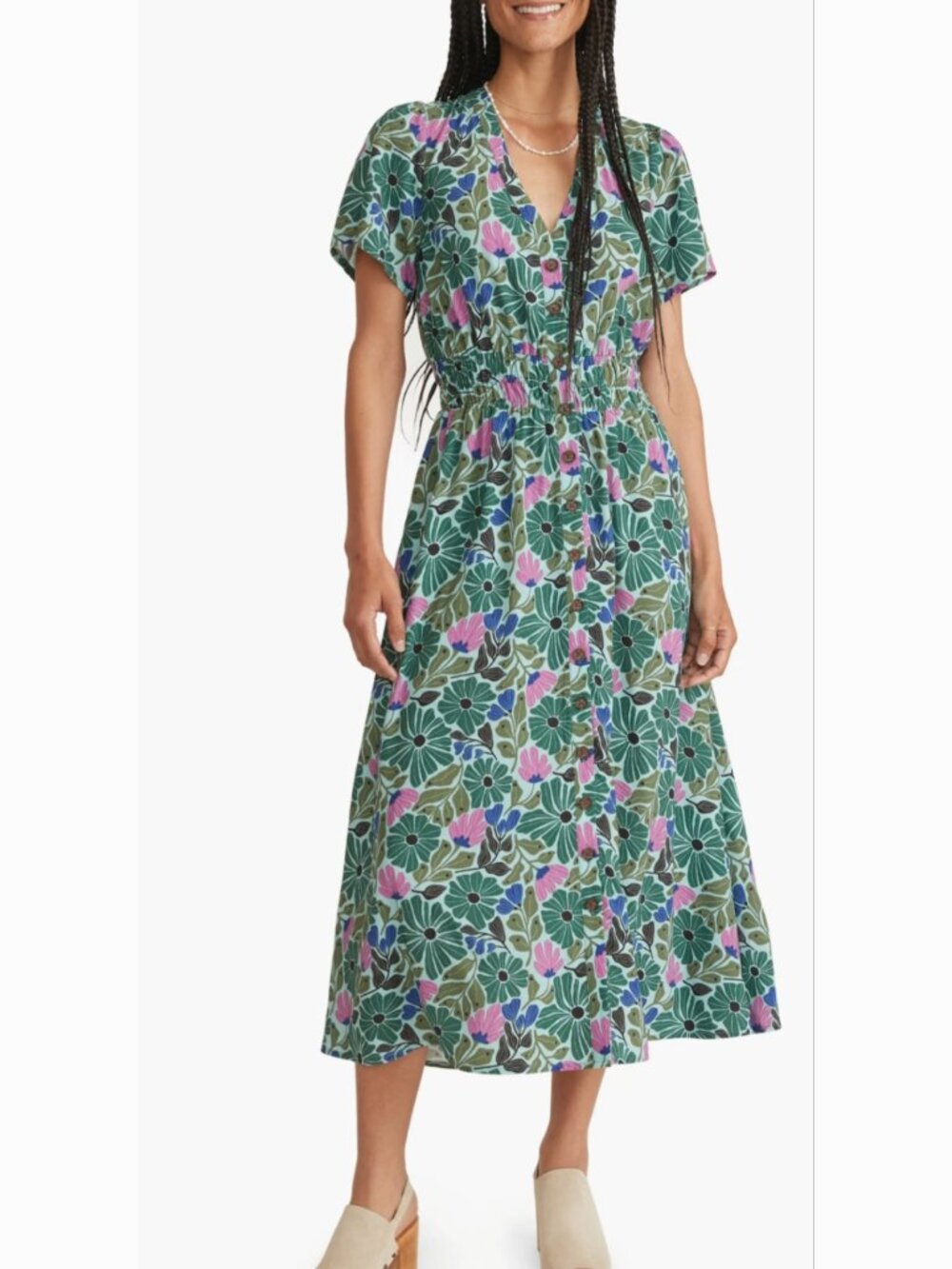 Marine Layer Annika Floral Midi Dress Green Floral Retro Print Women’s size XS